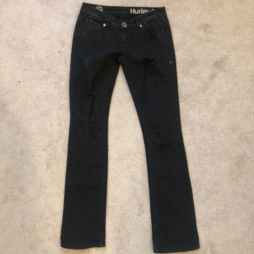 Girls Hurley Black Denim Skinny Boot Ripped Jeans, 5-Pocket, Size 1